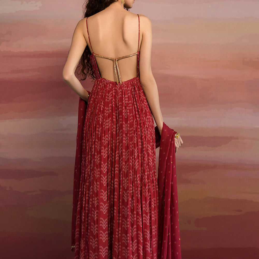 
                      
                        Nikita Dutta in Maroon Printed Backless Anarkali
                      
                    