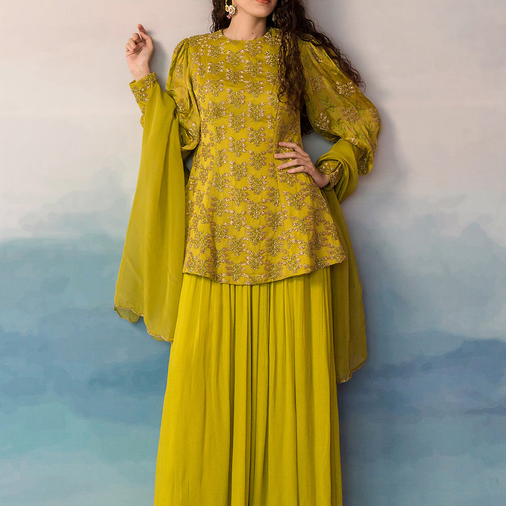 
                      
                        Olive Green Printed Peplum Sharara Set
                      
                    