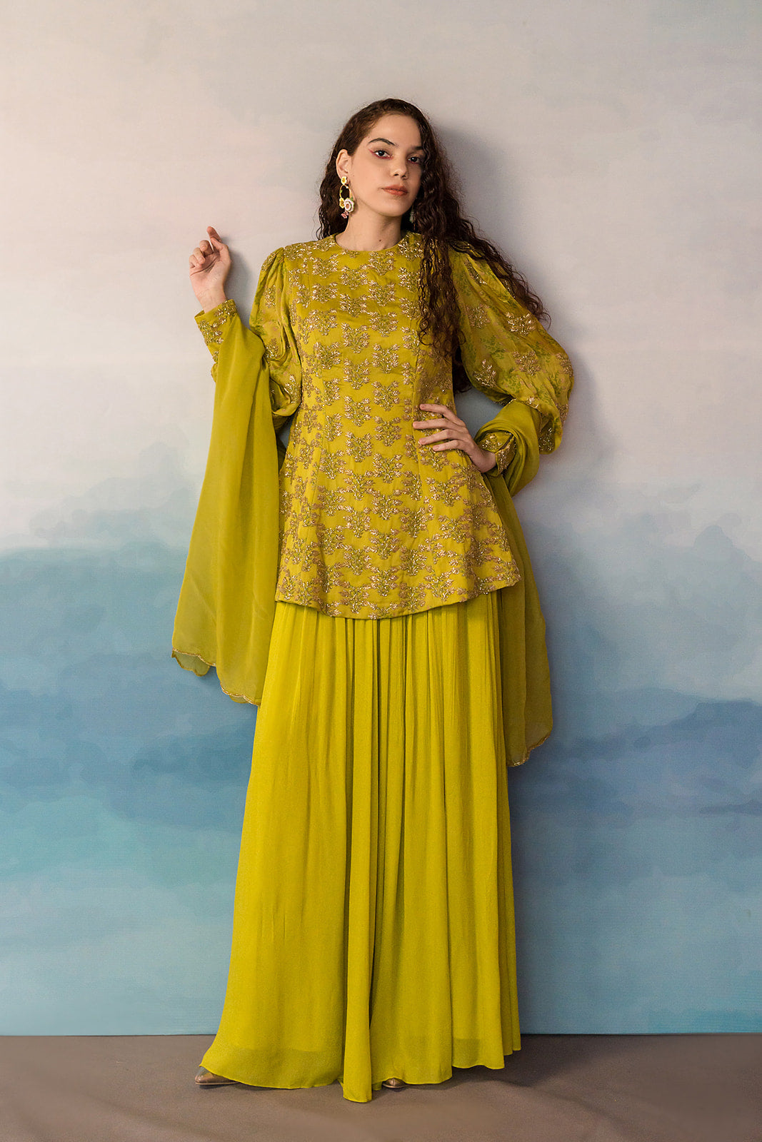 Olive Green Printed Peplum Sharara Set