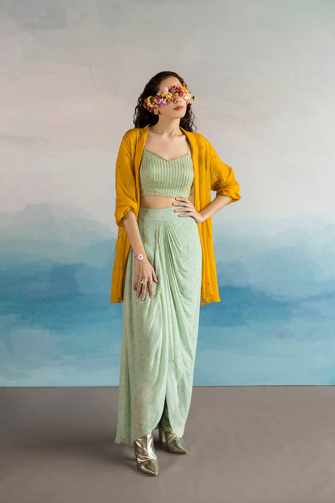 
            
                Load image into Gallery viewer, Mint Blue Cowl Skirt Co-Ord Set
            
        
