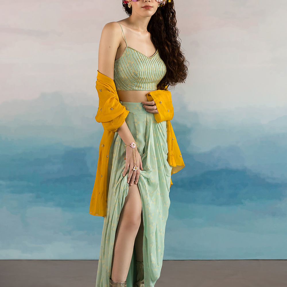 Mint Blue Cowl Skirt Co-Ord Set