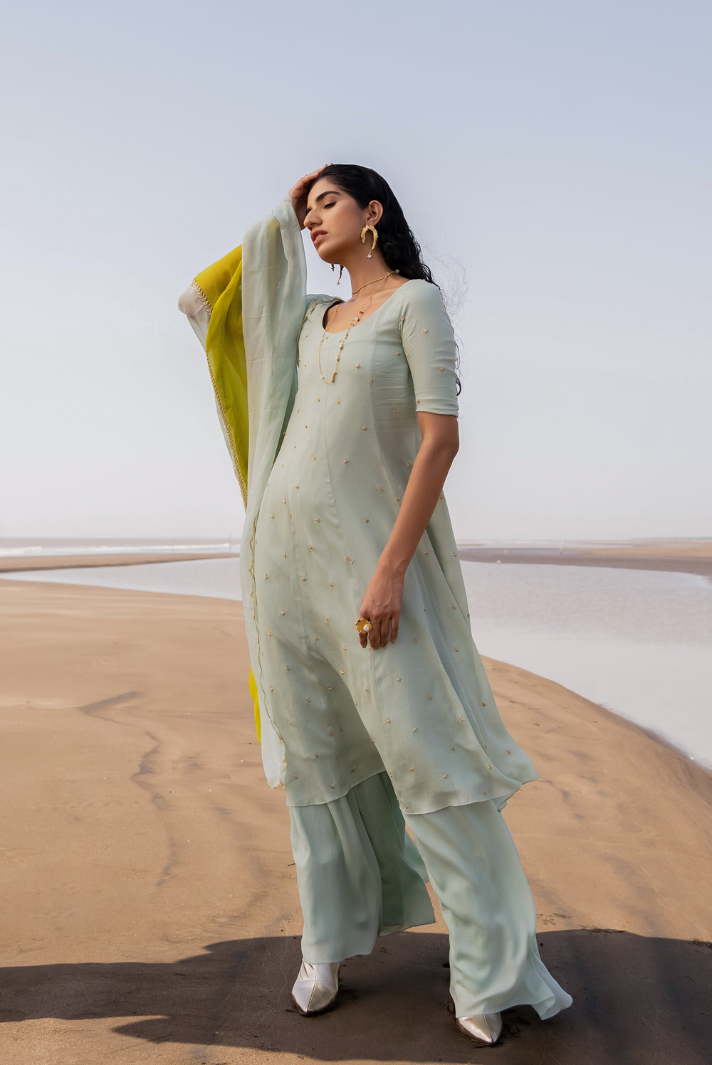 MINT BLUE CREPE CHITA KALIDAR KURTA WITH SHARARA AND 2 COLOR EMBROIDERED DUPATTA