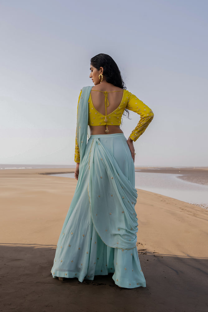 
            
                Load image into Gallery viewer, MINT BLUE DRAPED SAREE
            
        