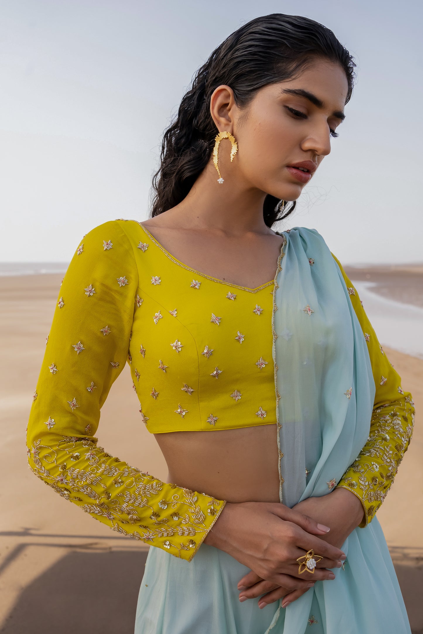 MINT BLUE HALF KALI  LIME FULL SLEEVE JAAL STITCHED SAREE SET 