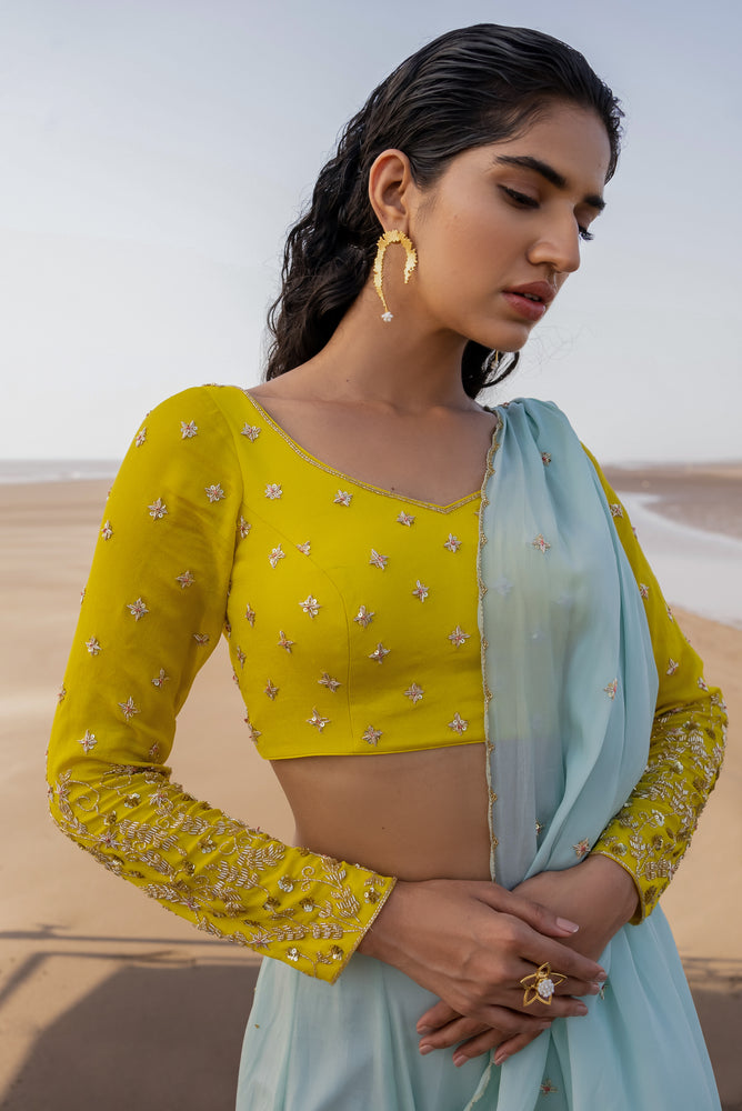 
            
                Load image into Gallery viewer, MINT BLUE HALF KALI  LIME FULL SLEEVE JAAL STITCHED SAREE SET 
            
        