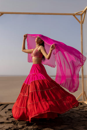 
            
                Load image into Gallery viewer, Saiee Manjrekar in Rani Pink-Red Tier Ghagara Set
            
        