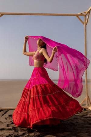 Saiee Manjrekar in Rani Pink-Red Tier Ghagara Set