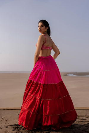 Saiee Manjrekar in Rani Pink-Red Tier Ghagara Set