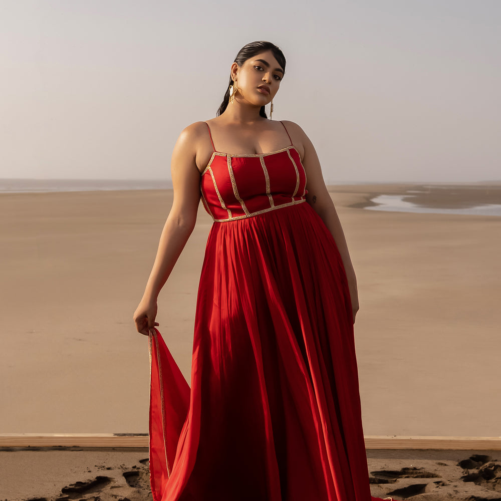 
                      
                        RED BACKLESS ANARKALI IN LINE EMBROIDERY WITH BORDER DUPATTA
                      
                    