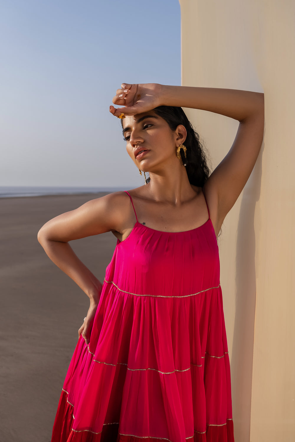 PINK RED 6 LAYER CUTDANA LINE DRESS WITH RED PALAZZO