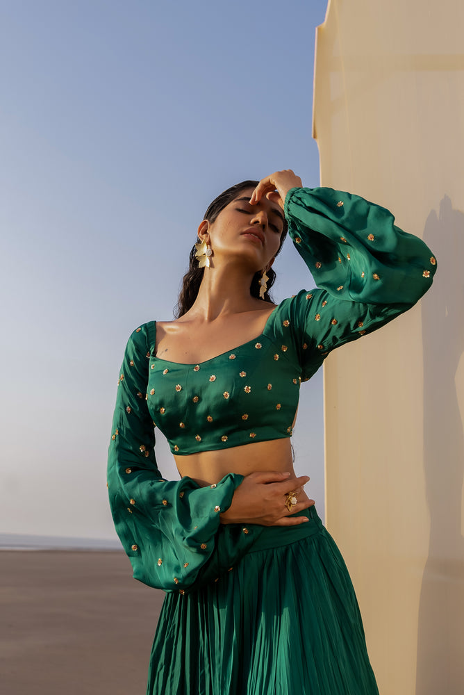
            
                Load image into Gallery viewer, BOTTLE GREEN LEHENGA
            
        