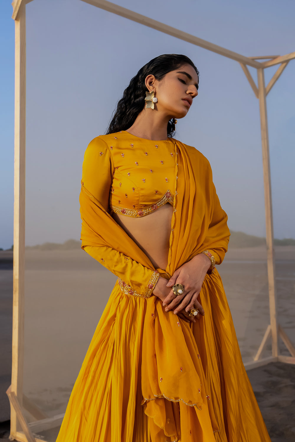 MANGO YELLOW BANDGALA FULL SLEEVE BUTTI BORDER BLOUSE WITH HEAVY WAIST BORDER ON GHAGARA