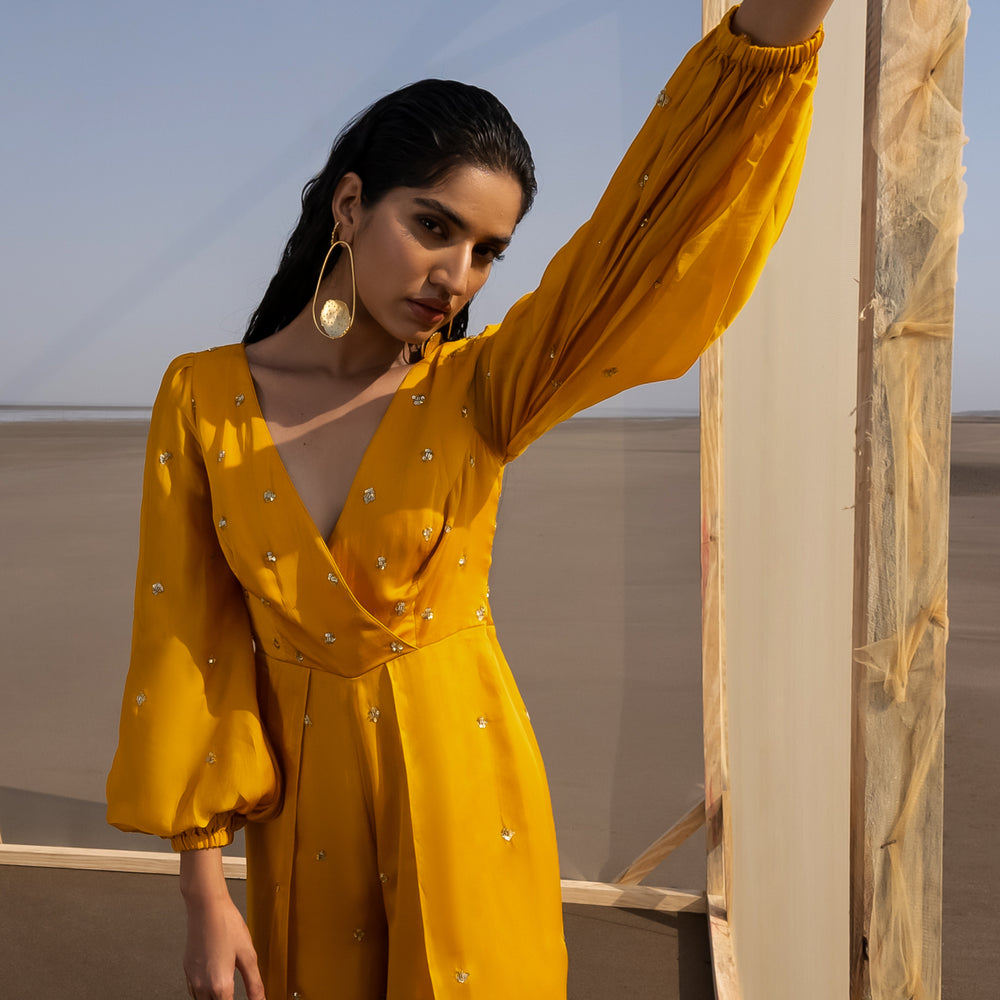 MANGO YELLOW OVERLAP JUMPSUIT