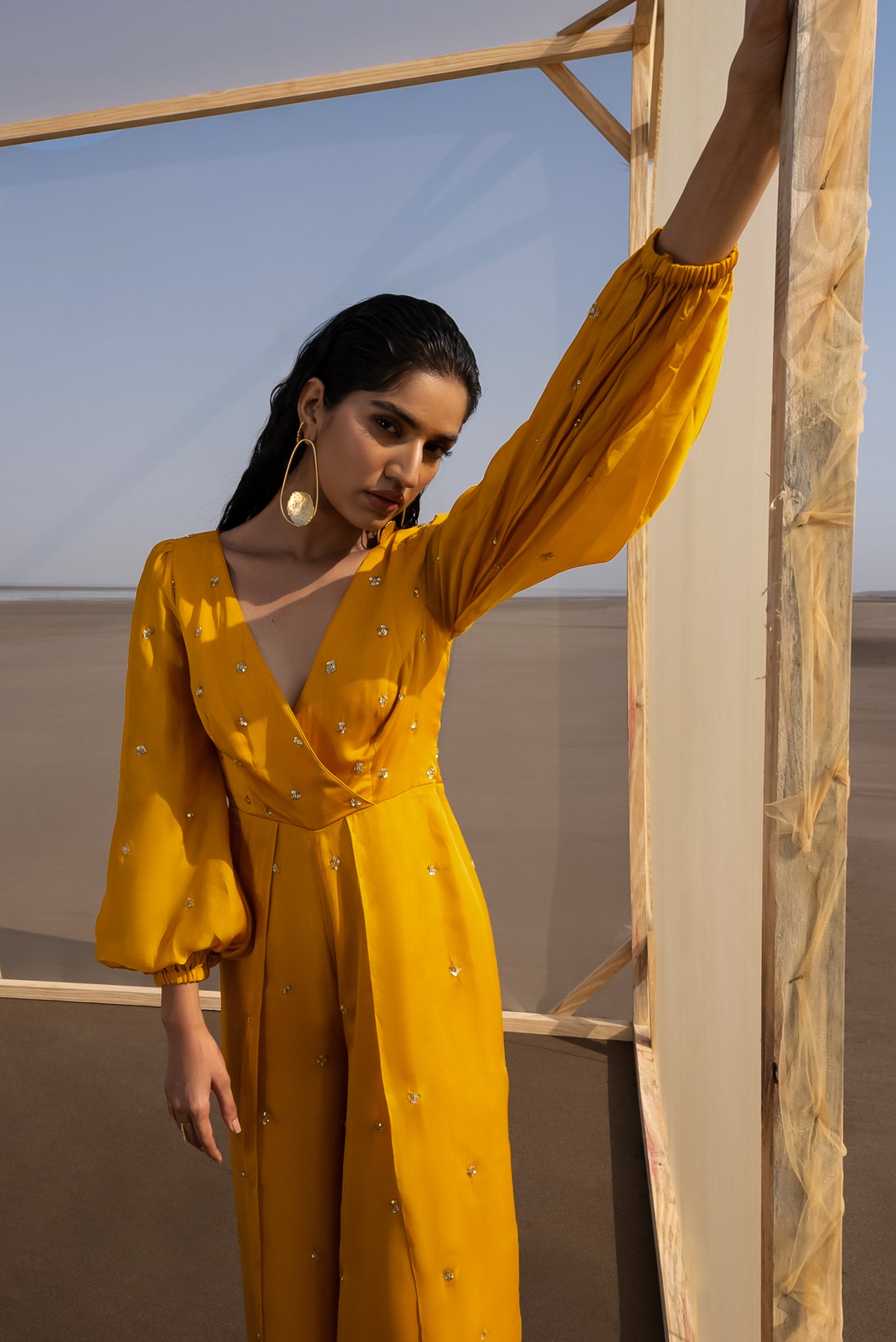 MANGO YELLOW OVERLAP JUMPSUIT