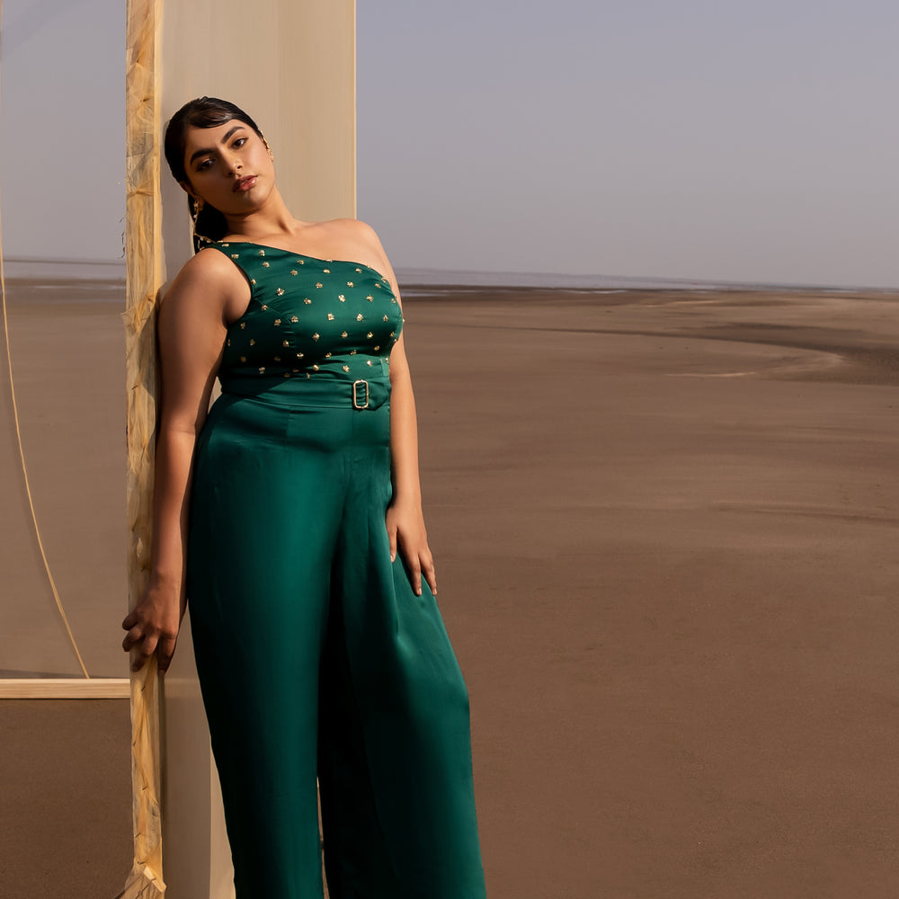 BOTTLE GREEN ONE SHOULDER JUMPSUIT