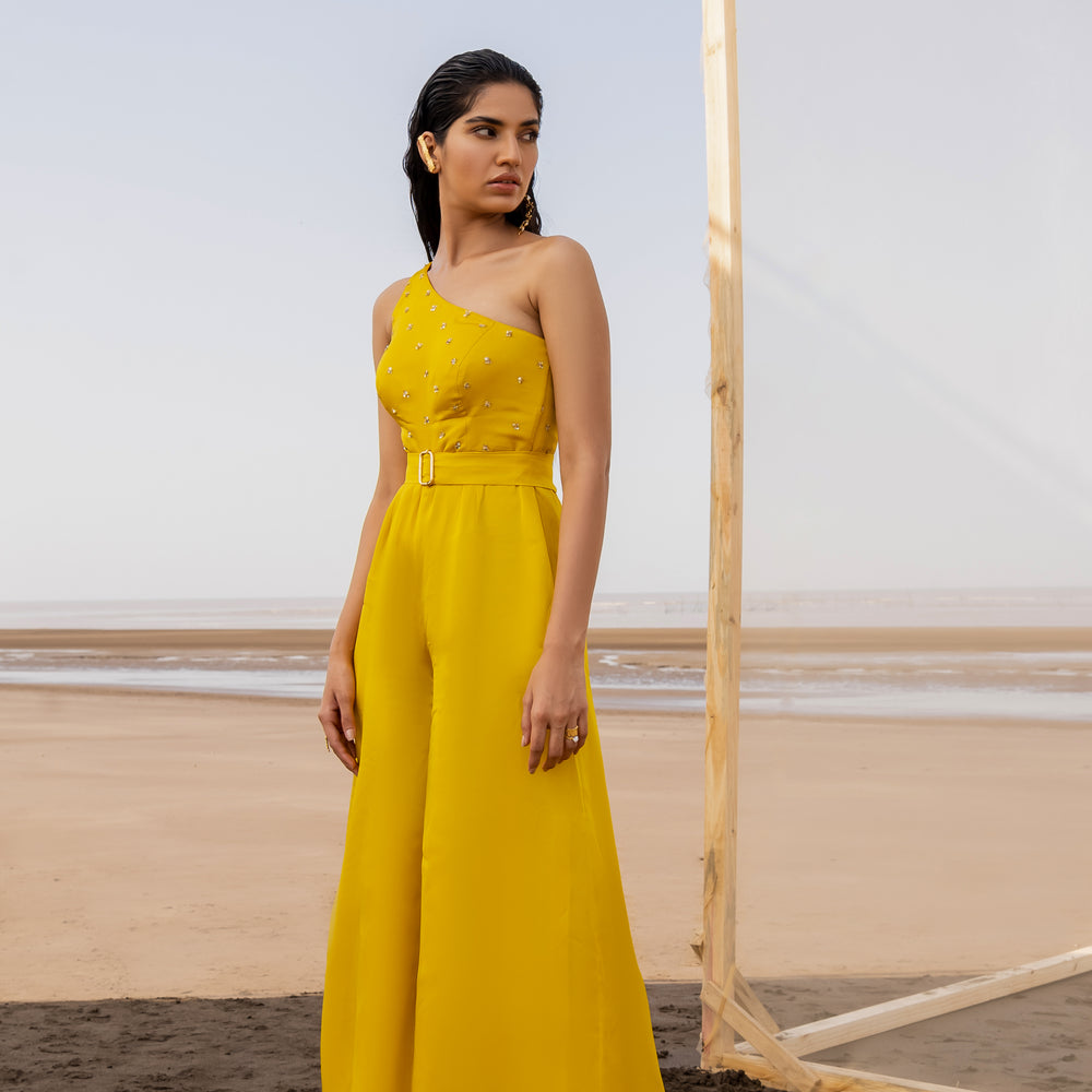 MANGO YELLOW ONE SHOULDER JUMPSUIT