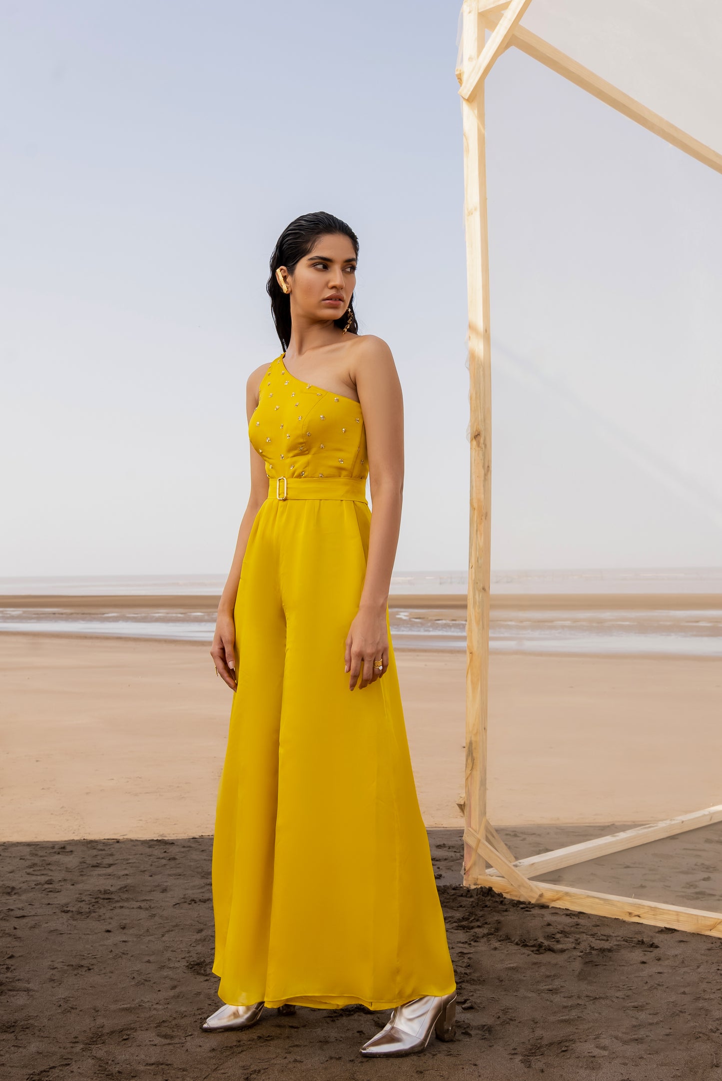 MANGO YELLOW ONE SHOULDER JUMPSUIT