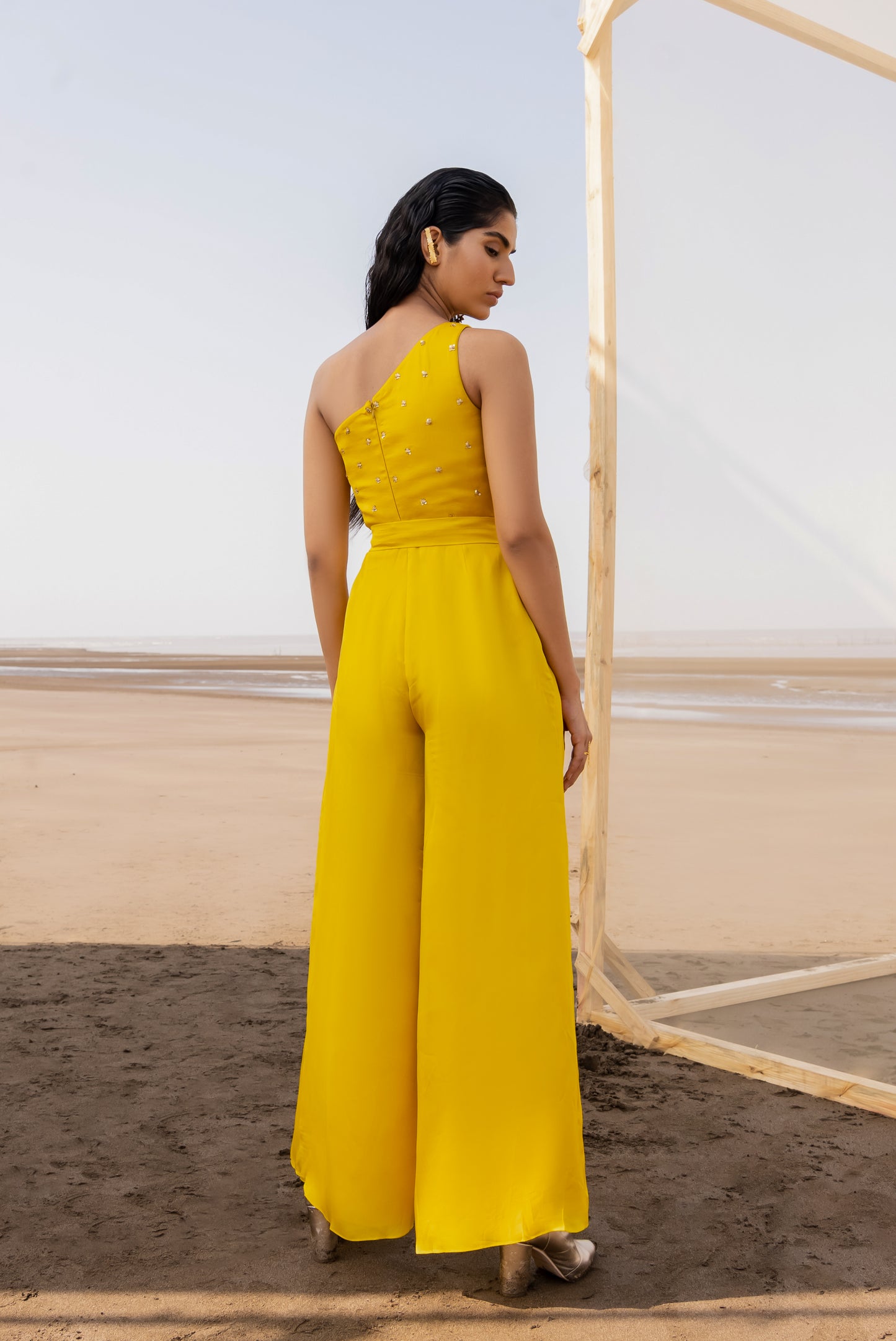 MANGO YELLOW ONE SHOULDER JUMPSUIT