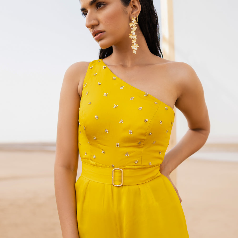 MANGO YELLOW ONE SHOULDER JUMPSUIT