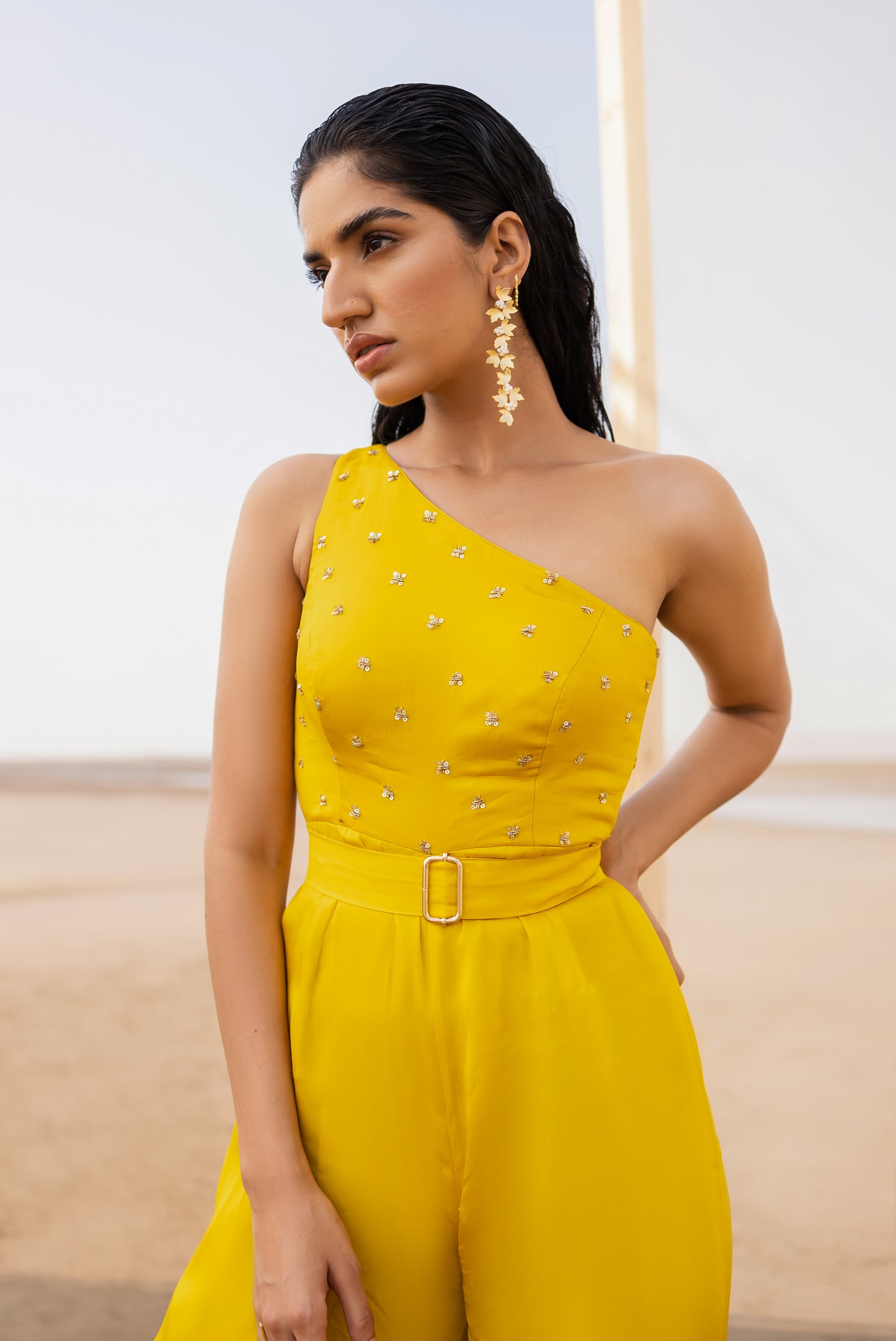 MANGO YELLOW ONE SHOULDER JUMPSUIT