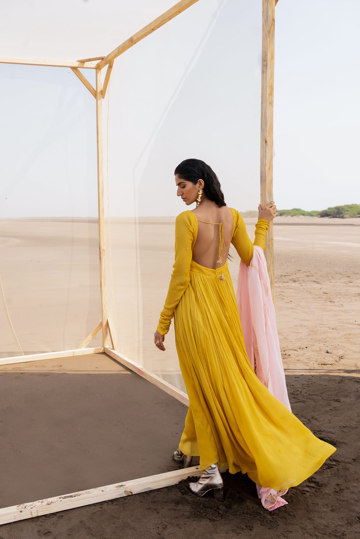 MUSTARD CHUDDI SLEEVES ANARKALI
