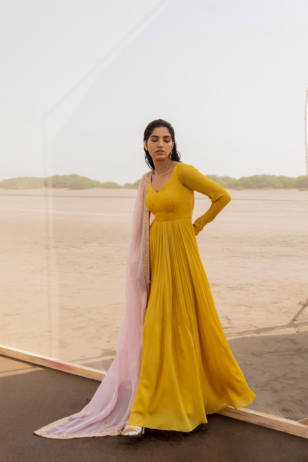 MUSTARD CHITA CHUDDI SLEEVE BACK STRING KALI ANARKALI WITH BABY PINK BORDER LINE DUPATTA