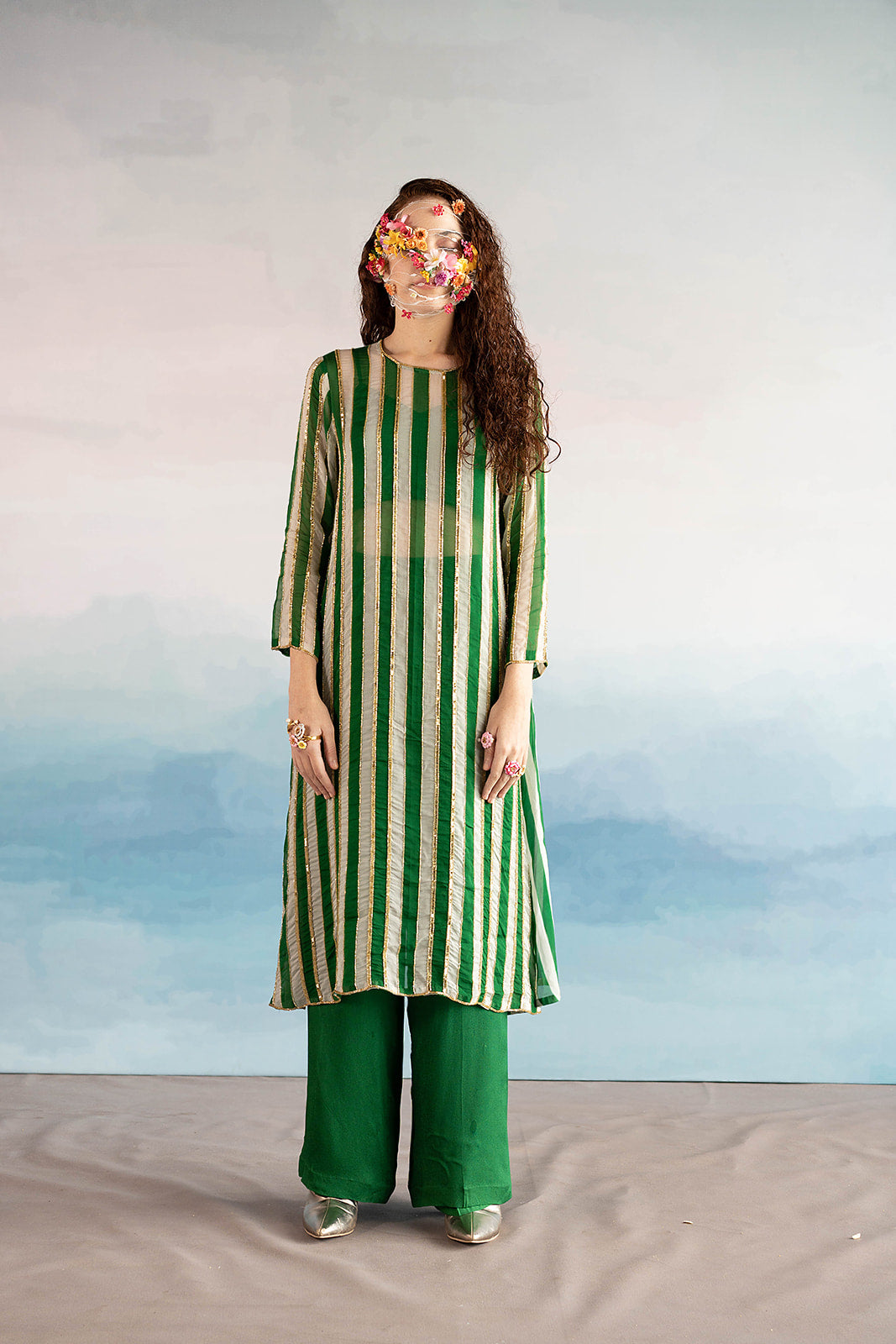 Green Striped Straight Fit Kurta With Pants And Bralette.