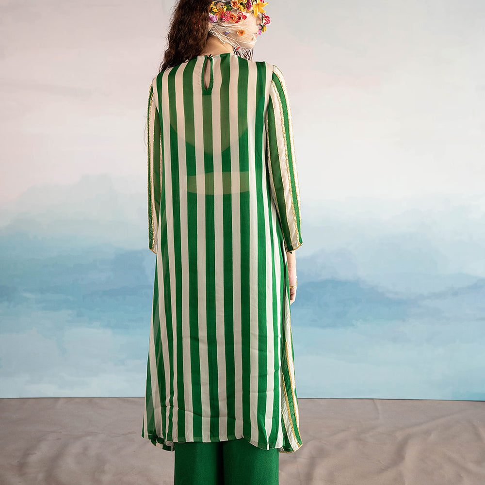 Green Striped Straight Fit Kurta With Pants And Bralette.