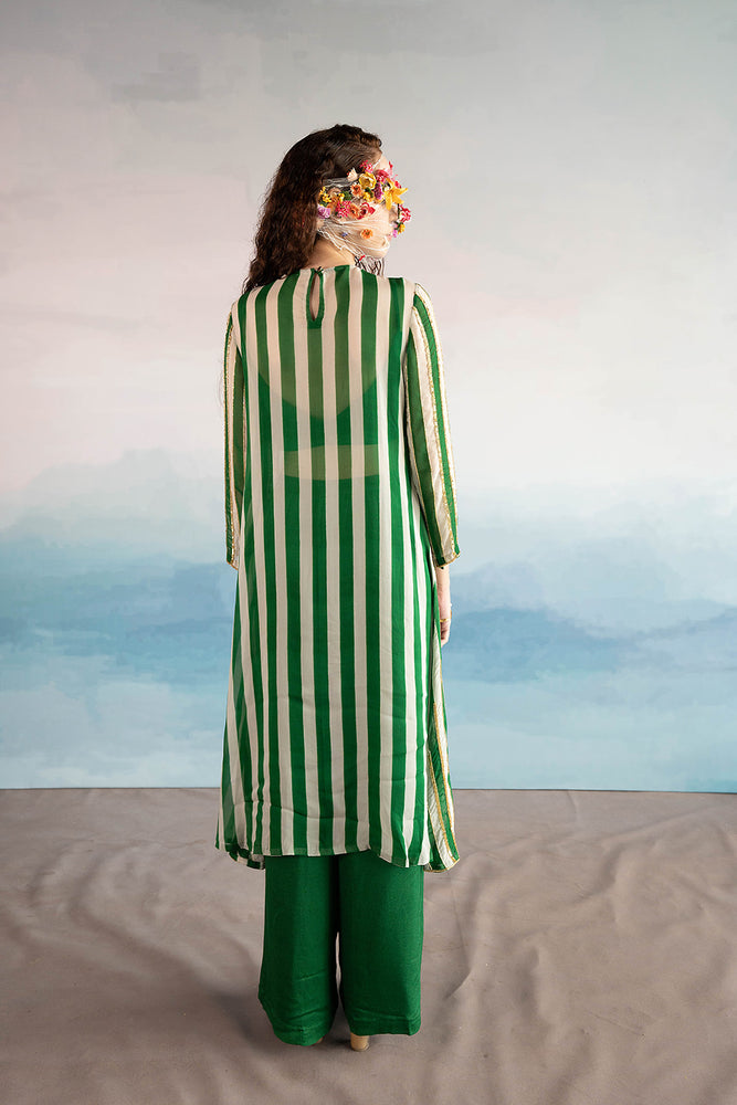 
            
                Load image into Gallery viewer, Green Striped Straight Fit Kurta With Pants And Bralette.
            
        