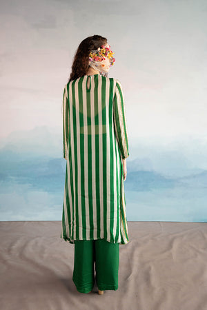 Green Striped Straight Fit Kurta With Pants And Bralette.