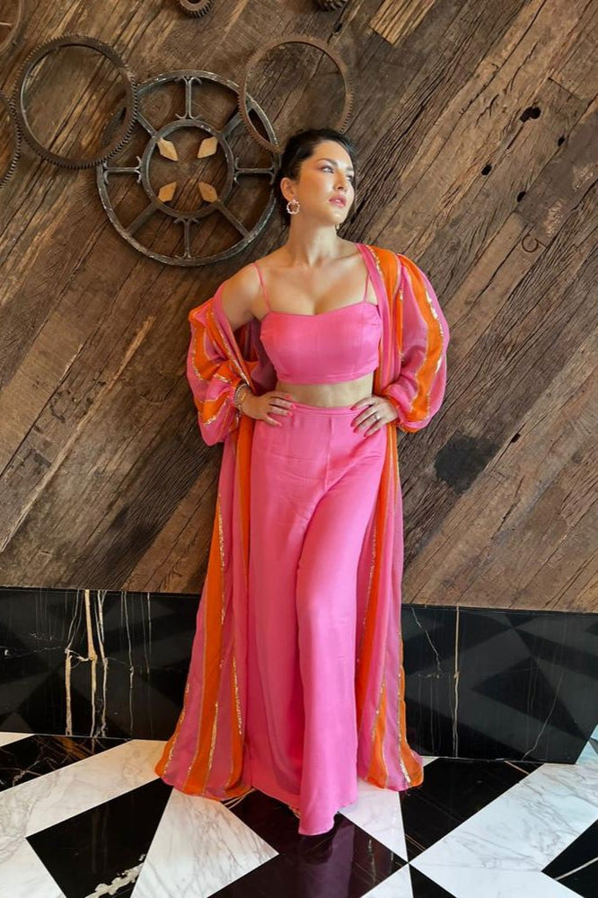 Sunny Leone in Stripe Co-Ord Jacket Set