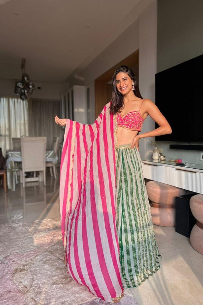 Aahana Kumra in Green Striped Ghagara With Rani Pink Blouse