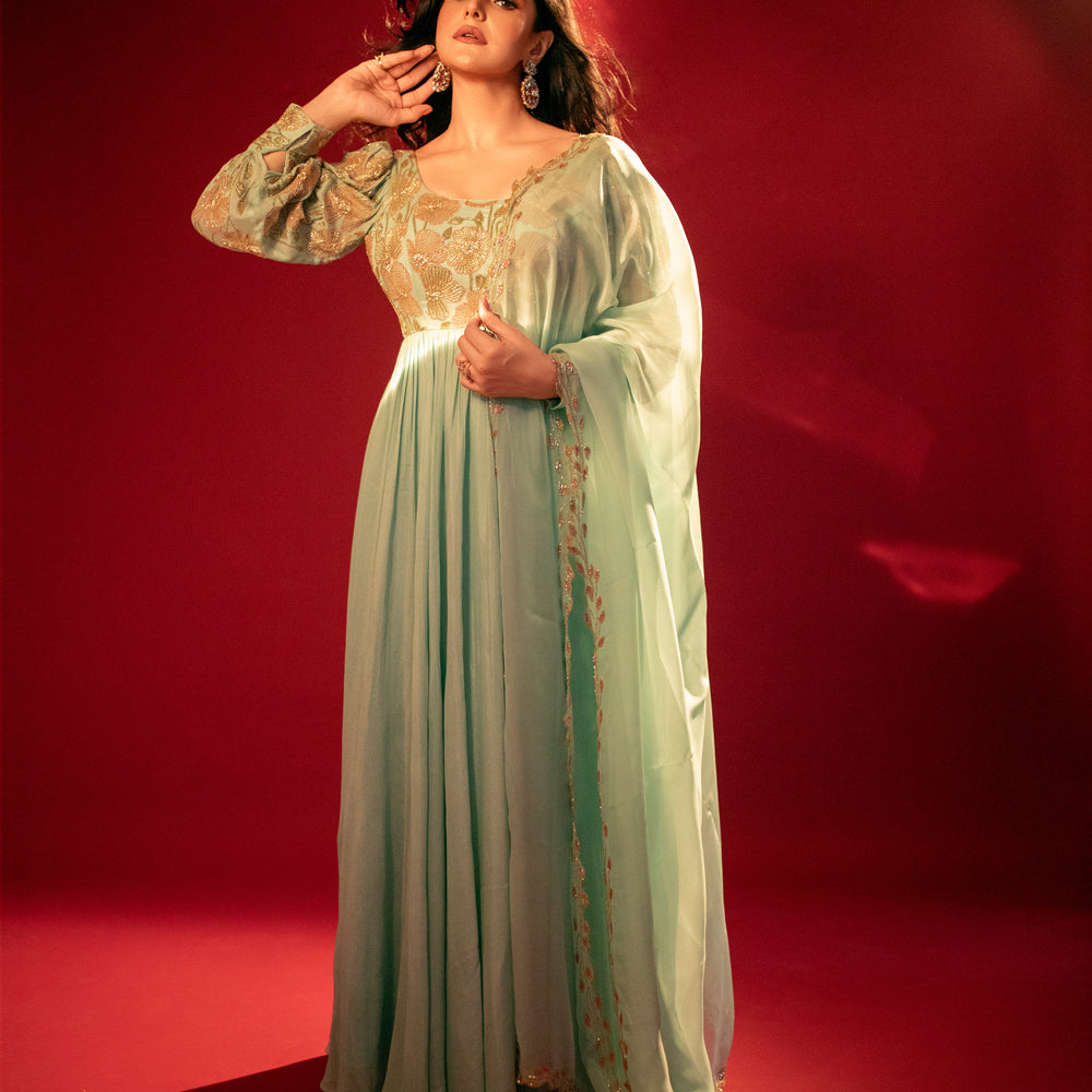 
                      
                        Zareen Khan in Mint Blue Anarkali
                      
                    