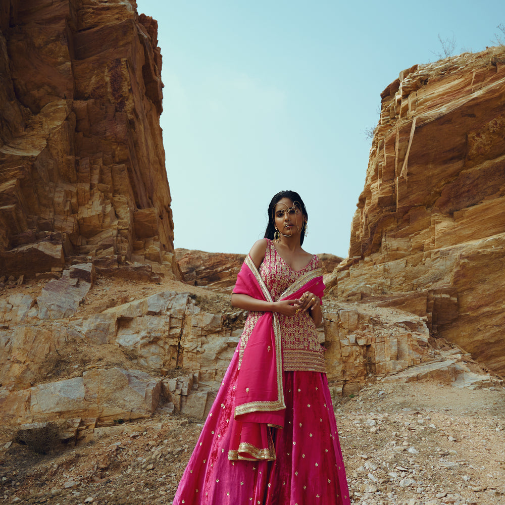 RANI PINK VELVET KURTA LEHENGA