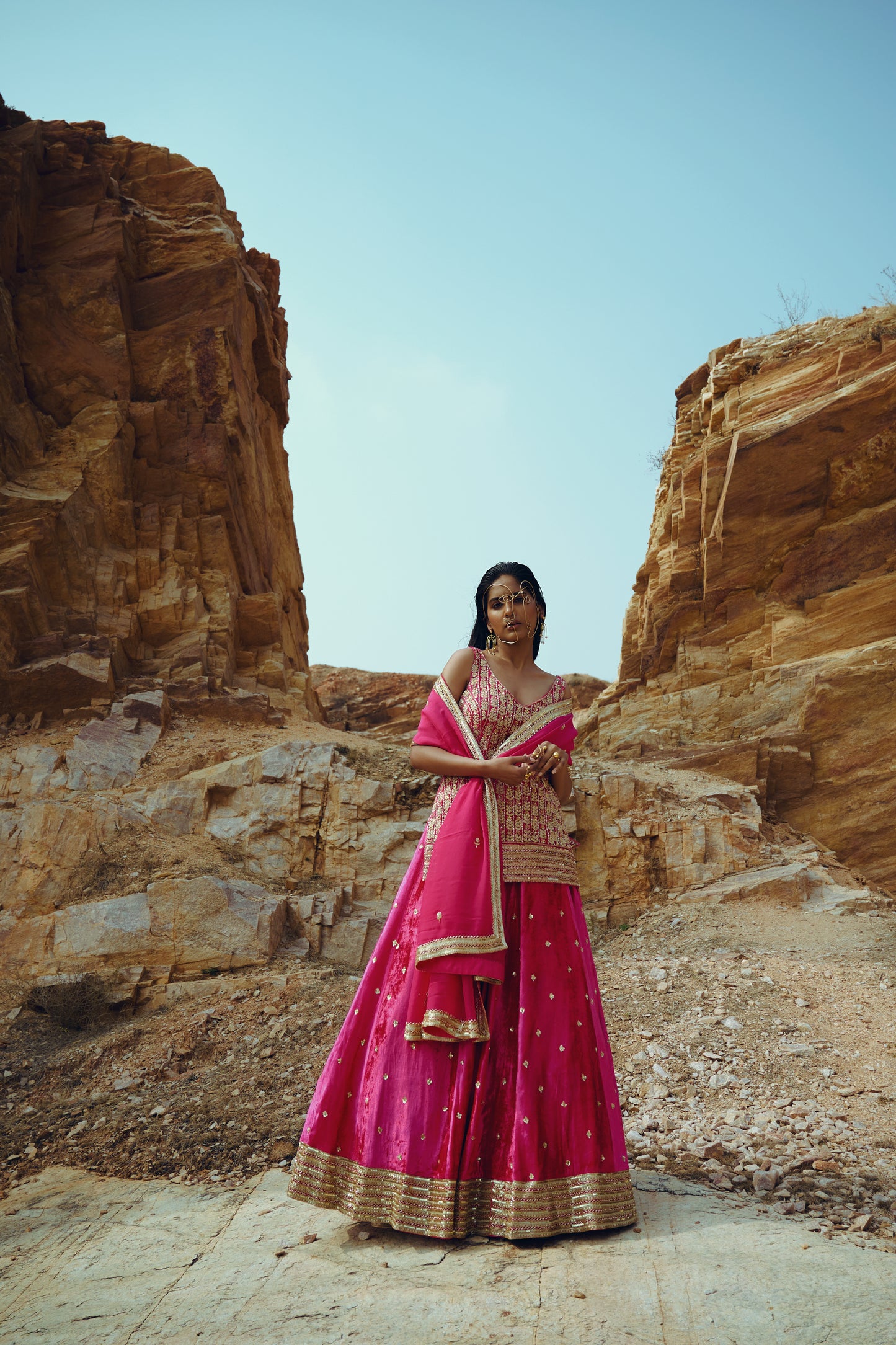 RANI PINK VELVET KURTA LEHENGA