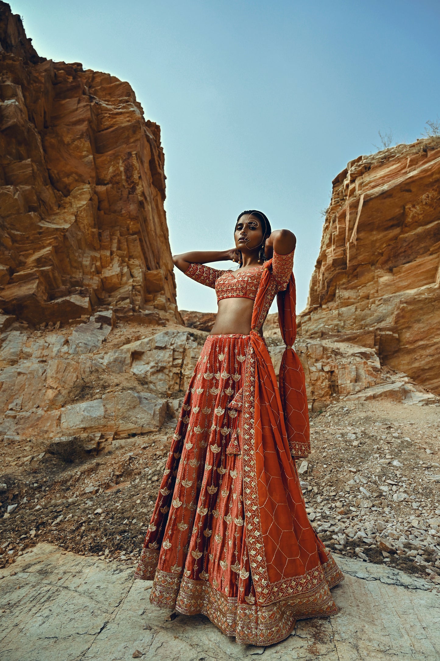 RUST FULL KALI VELVET LEHENGA