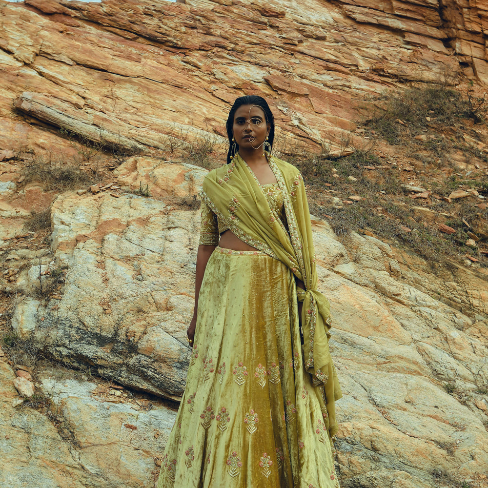 GOLDEN YELLOW VELVET LEHENGA