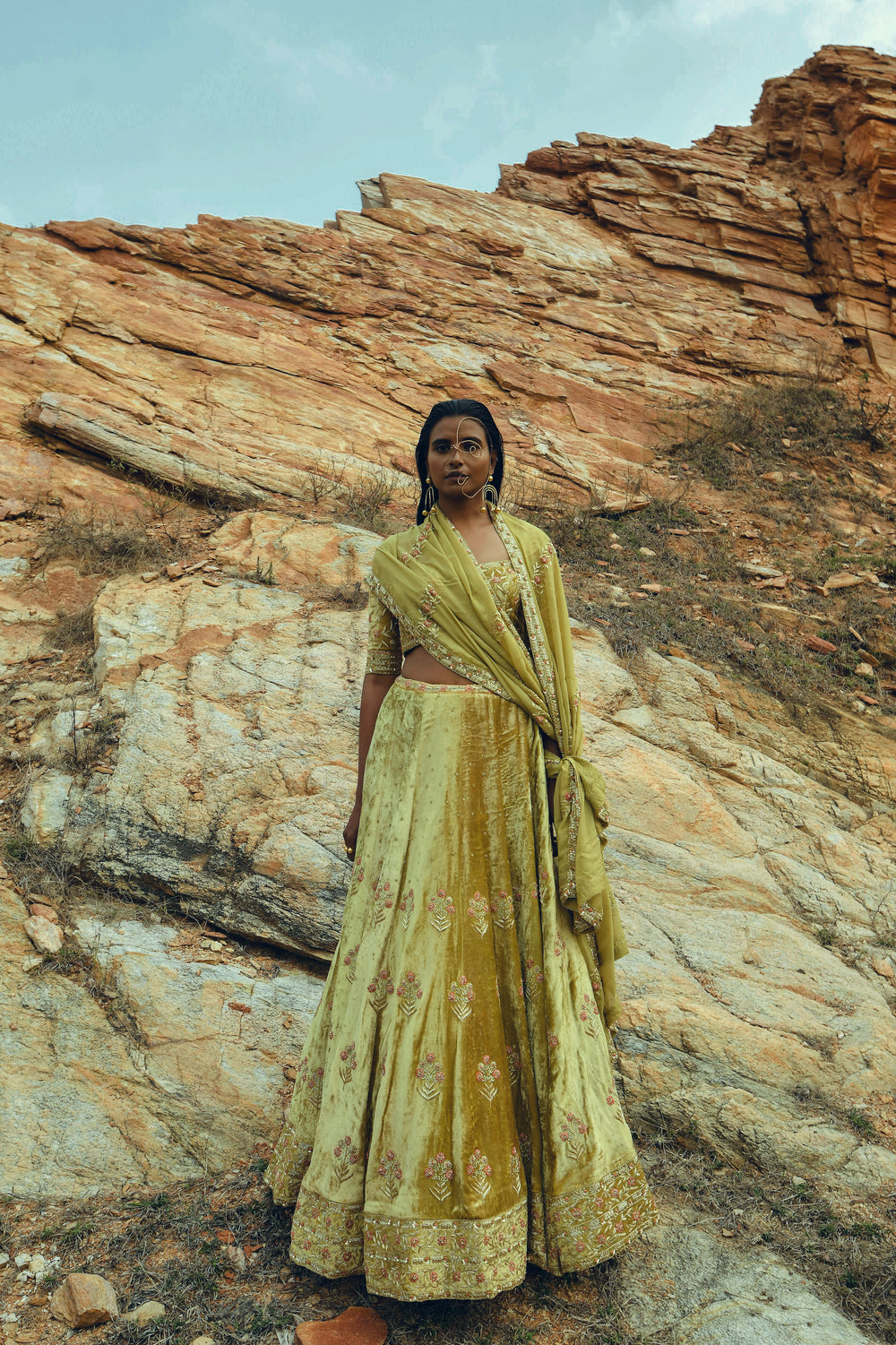 GOLDEN YELLOW VELVET LEHENGA