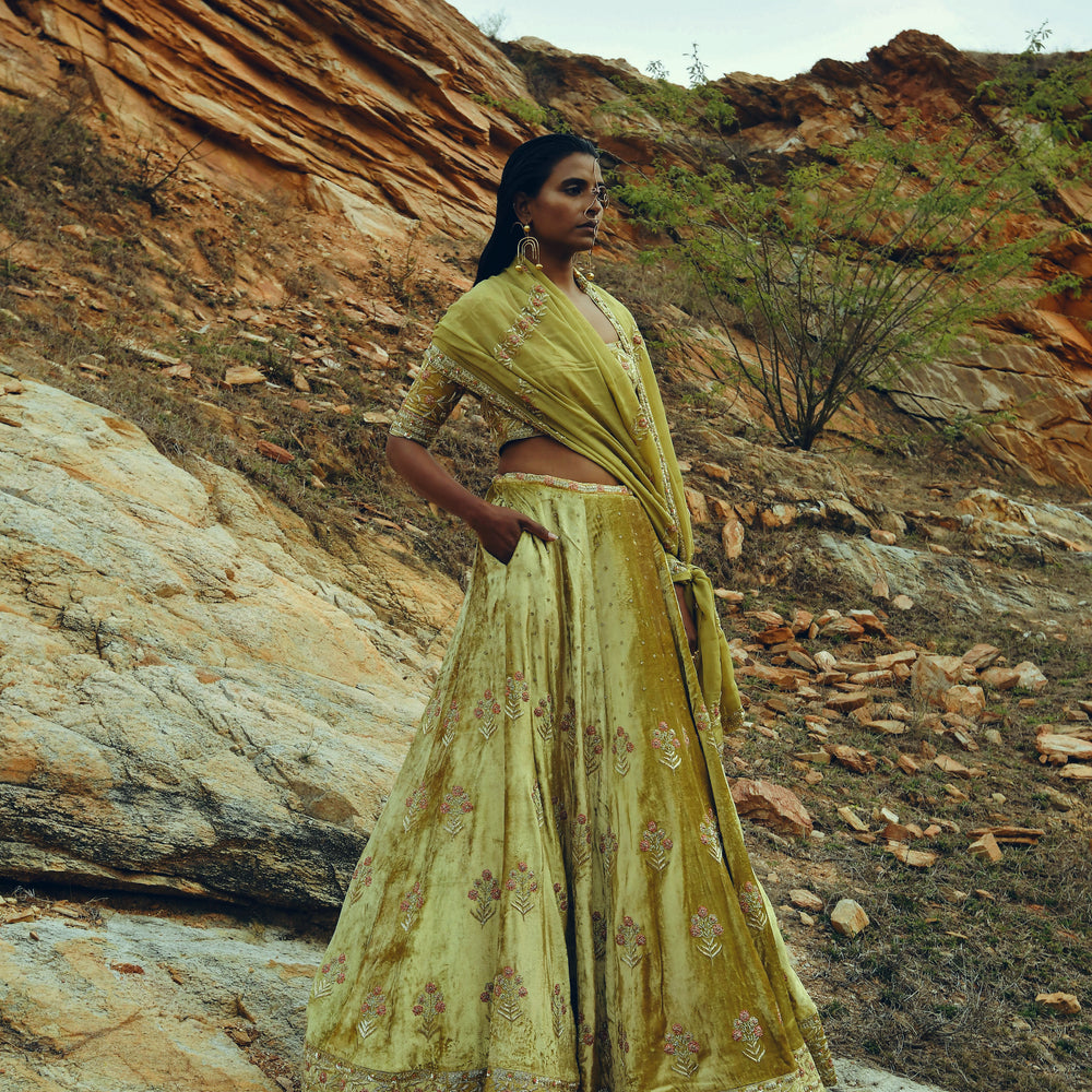 GOLDEN YELLOW VELVET LEHENGA