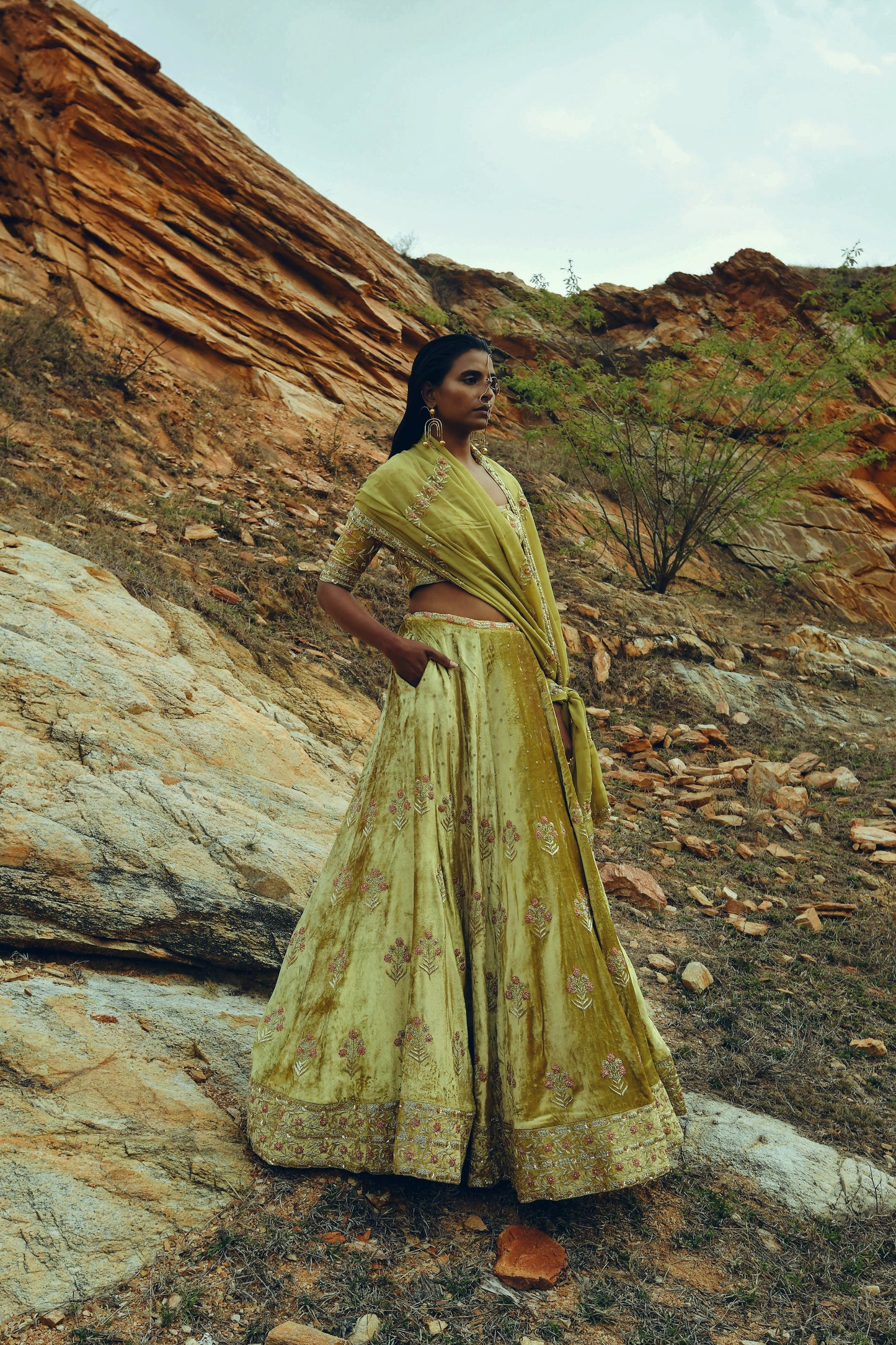 GOLDEN YELLOW VELVET LEHENGA