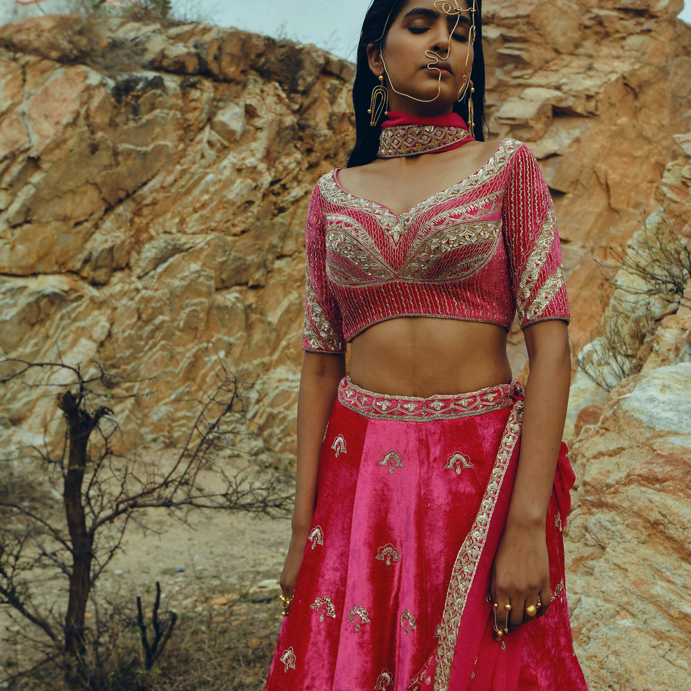 
                      
                        RANI PINK VELVET LEHENGA
                      
                    