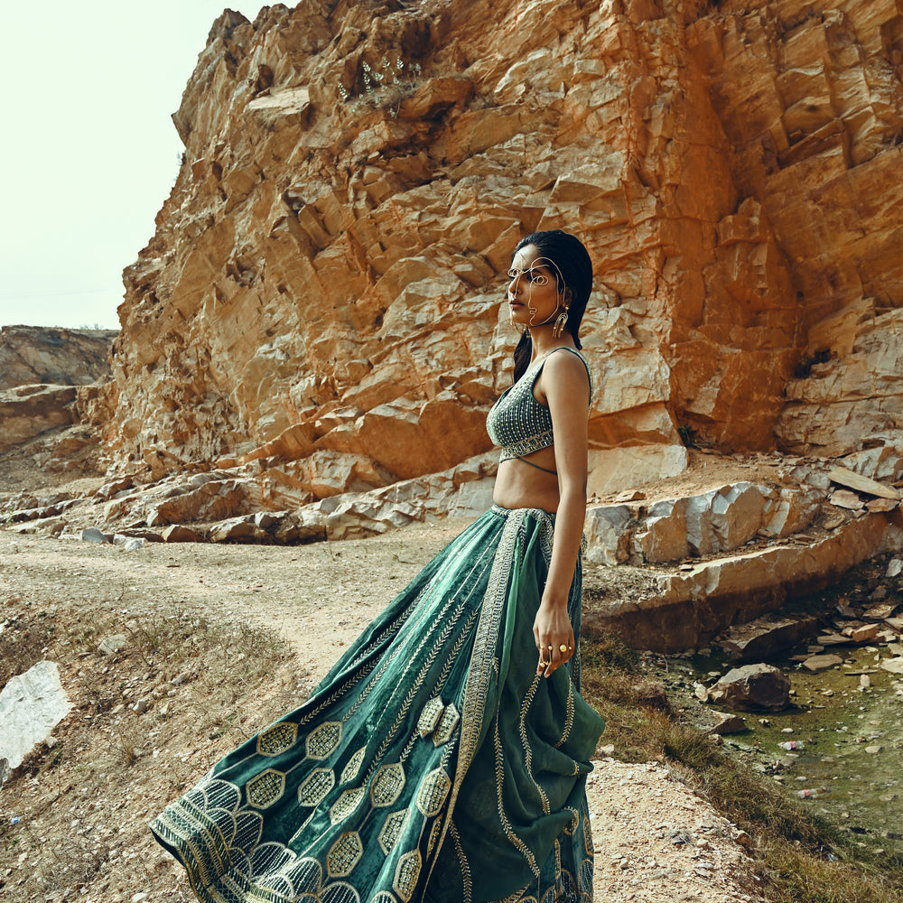 
                      
                        Vaishali Malhara in Turquoise Velvet Lehenga
                      
                    