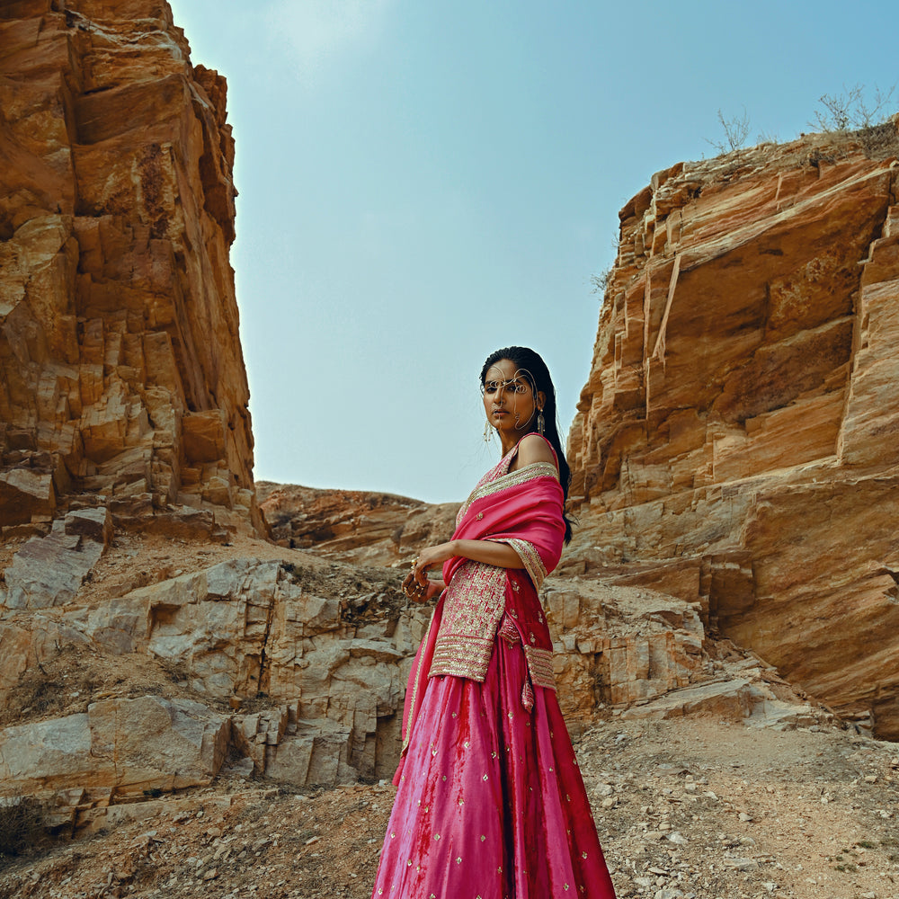 RANI PINK VELVET KURTA LEHENGA