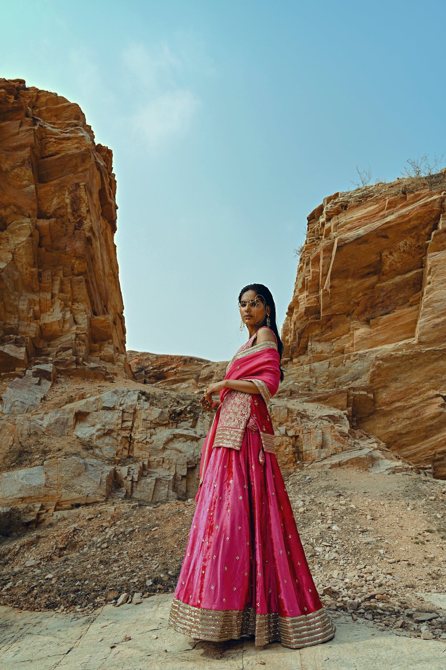 RANI PINK VELVET KURTA LEHENGA