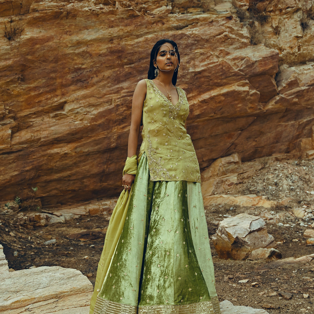 PISTA GREEN KURTA VELVET LEHENGA