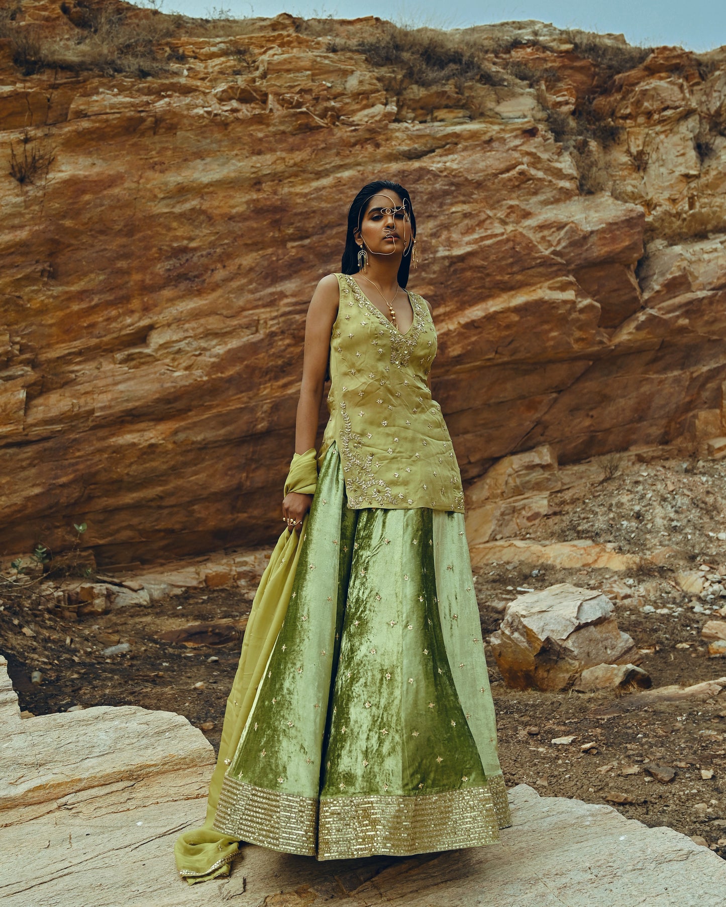 PISTA GREEN KURTA VELVET LEHENGA