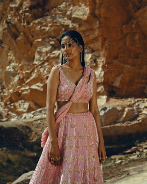 
            
                Load image into Gallery viewer, Sharmeila Mandre in Baby Pink Velvet Lehenga
            
        