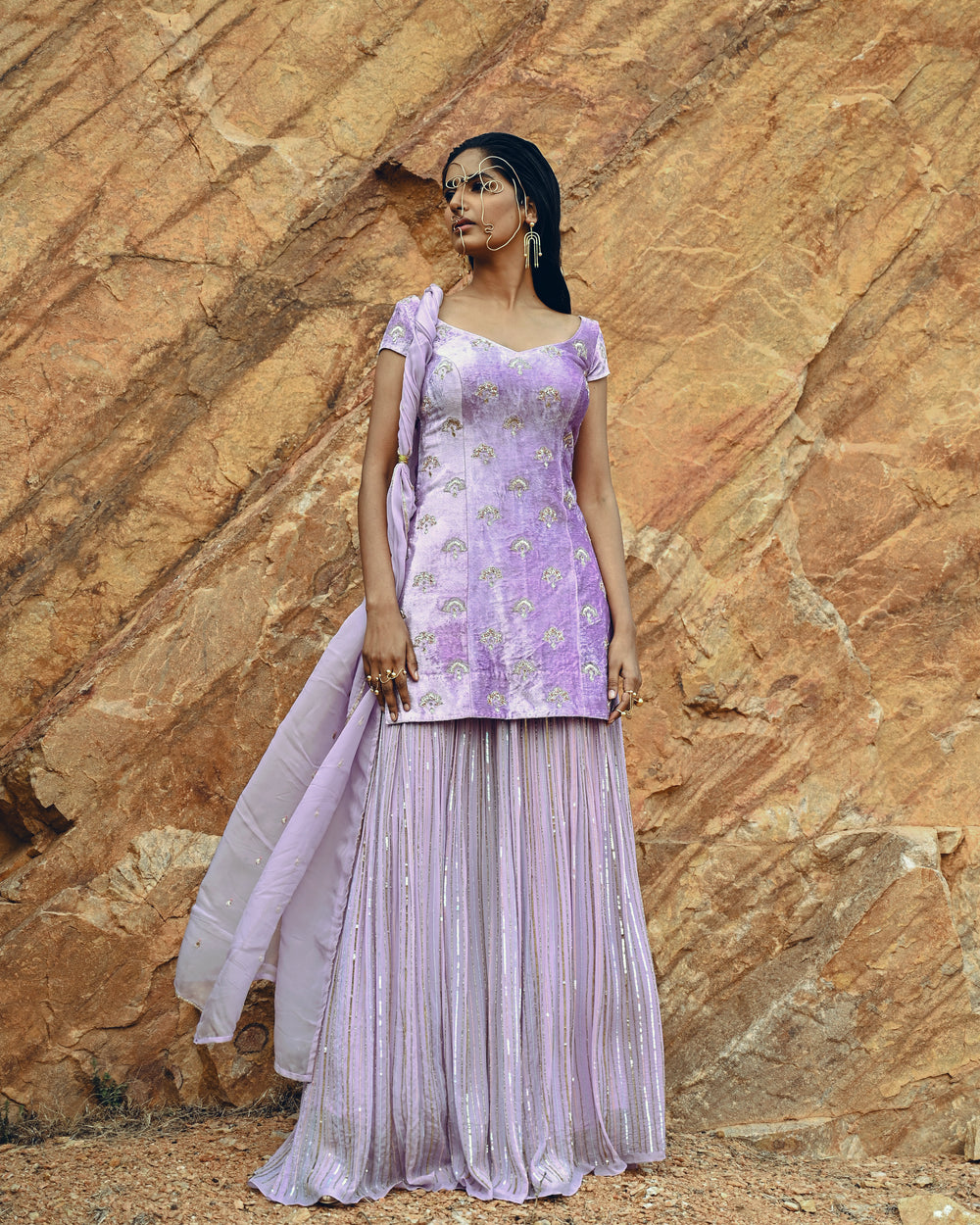 LAVENDER VELVET SEQUINED SHARARA SET