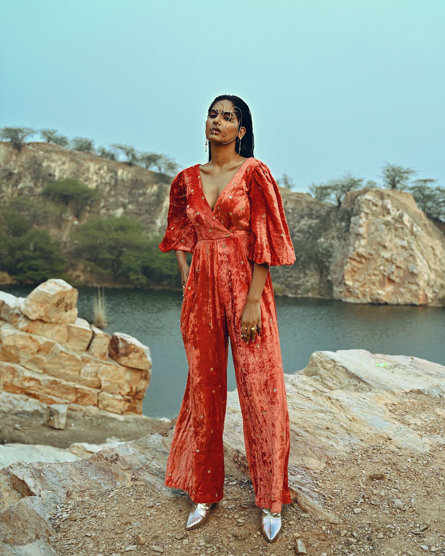 RUST VELVET JUMPSUIT